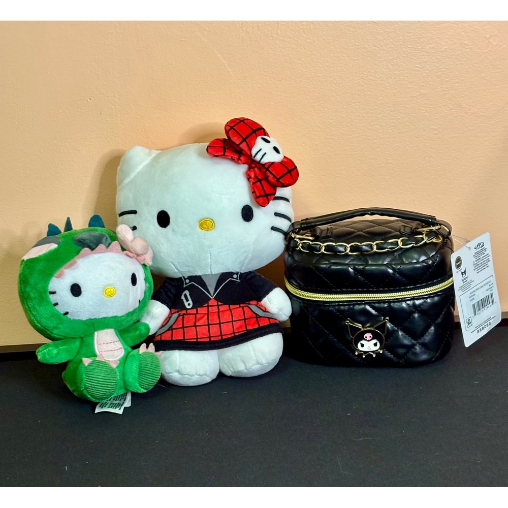 Sanrio Hello Kitty Kuromi Bundle NWT Quilted Train Case Red Punks Dinosaur Plush